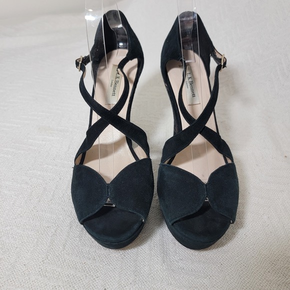L.K. Bennett Rea Peep Toe Black Suede High Wedge Sandals Nude Lace Size 40 US 10 - Picture 3 of 15